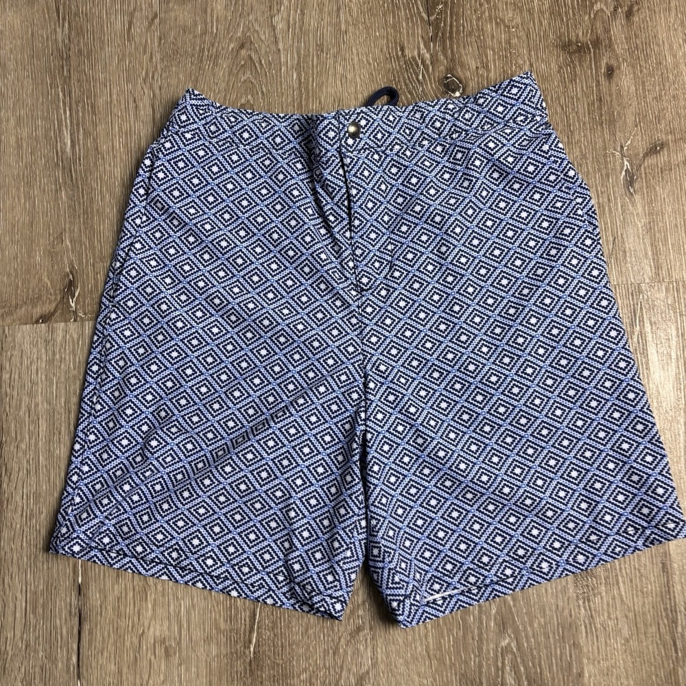 LANDS END Lined 7" Sunset Swim Trunk‎ Board Short Navy Diamond Geo S 28-30